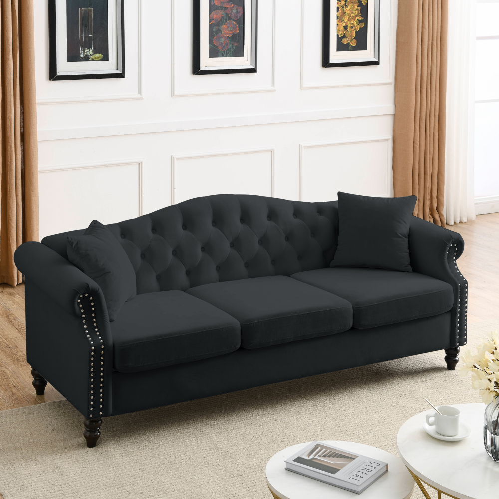 79" Black Velvet Chesterfield Sofa - 3 Seater Tufted Couch with Rolled Arms & Nailhead Trim for Living Room