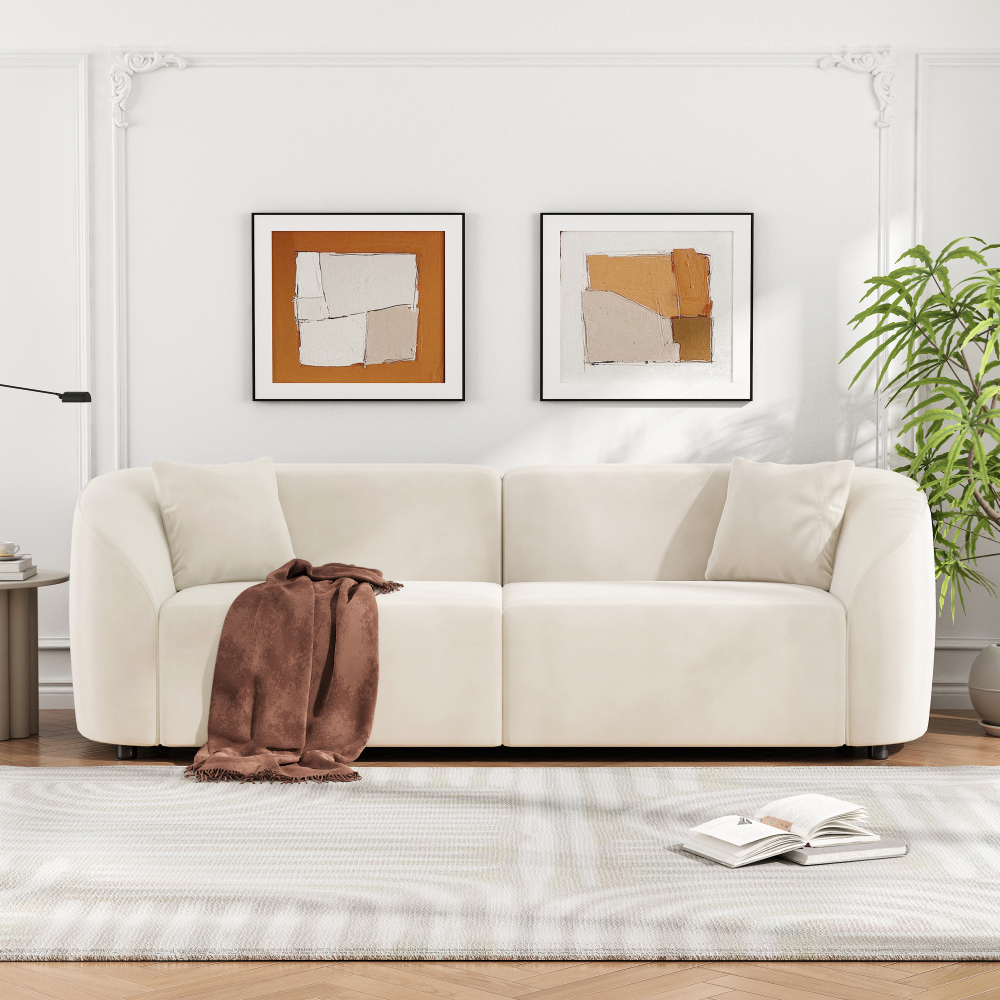 87" Curved Contemporary Sofa in Off-White Velvet: Plush 3-Seater Sectional for Modern Living Room Decor