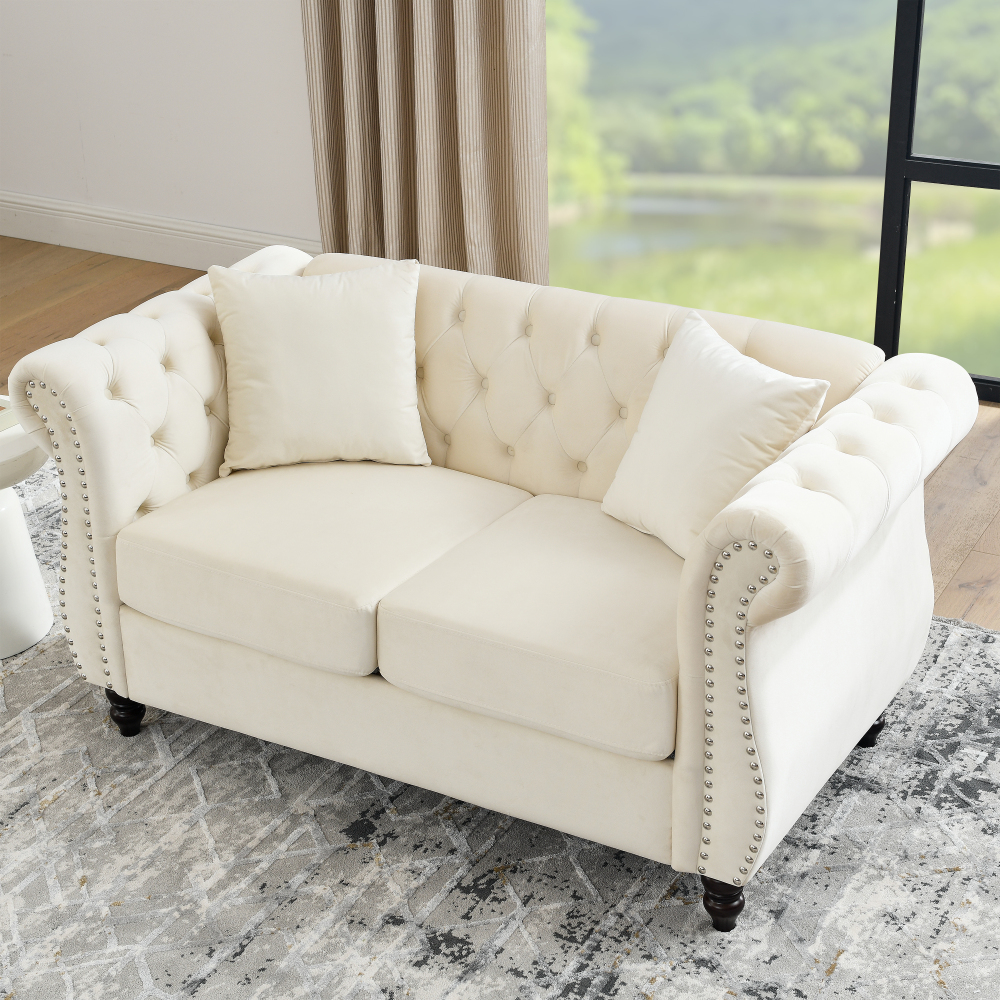 Elegant Beige Velvet Chesterfield Sofa Set with Nailhead Trim - Classic Tufted Living Room Furniture Collection