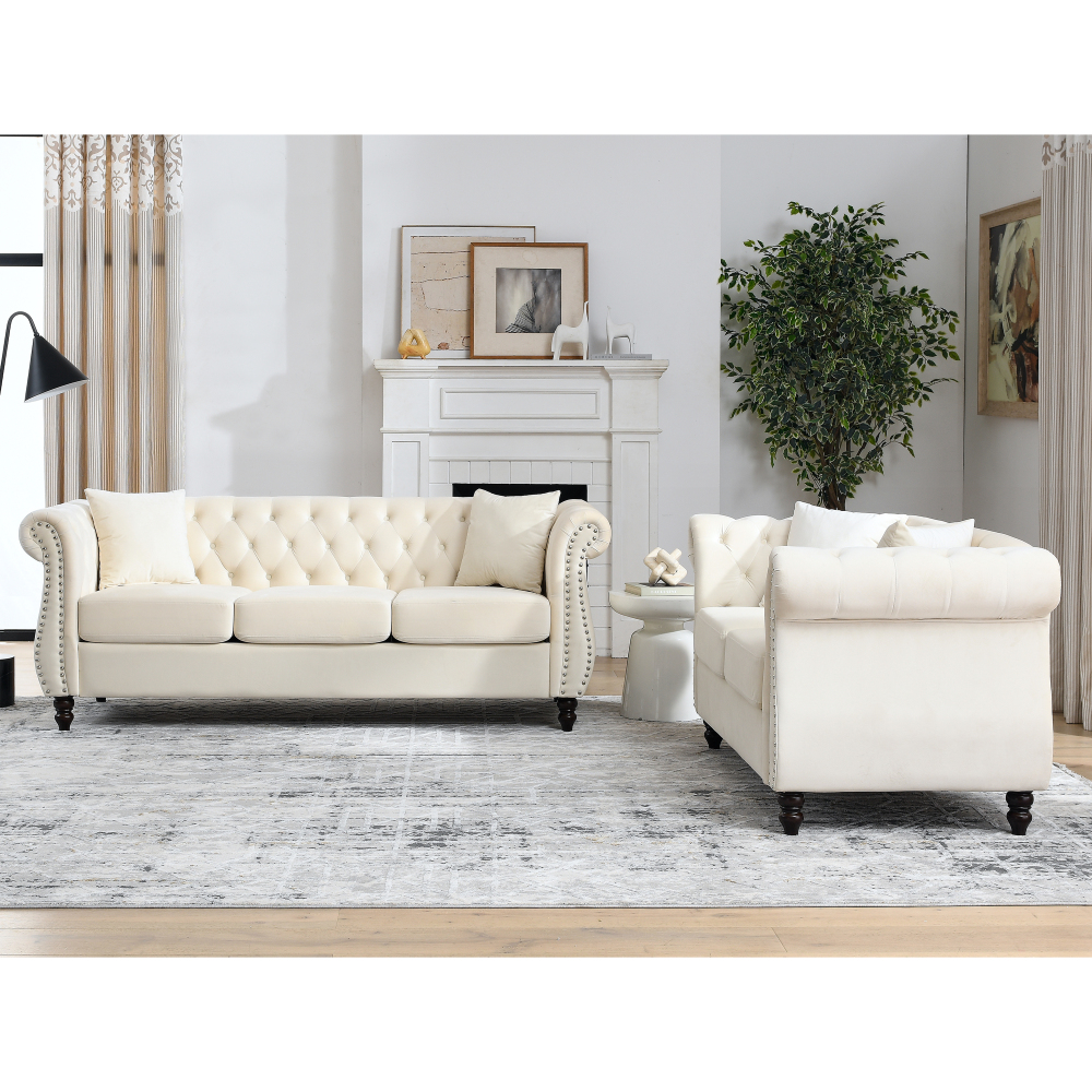 Elegant Beige Velvet Chesterfield Sofa Set with Nailhead Trim - Classic Tufted Living Room Furniture Collection