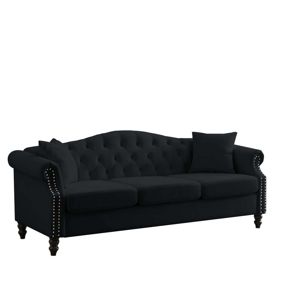 79" Black Velvet Chesterfield Sofa - 3 Seater Tufted Couch with Rolled Arms & Nailhead Trim for Living Room