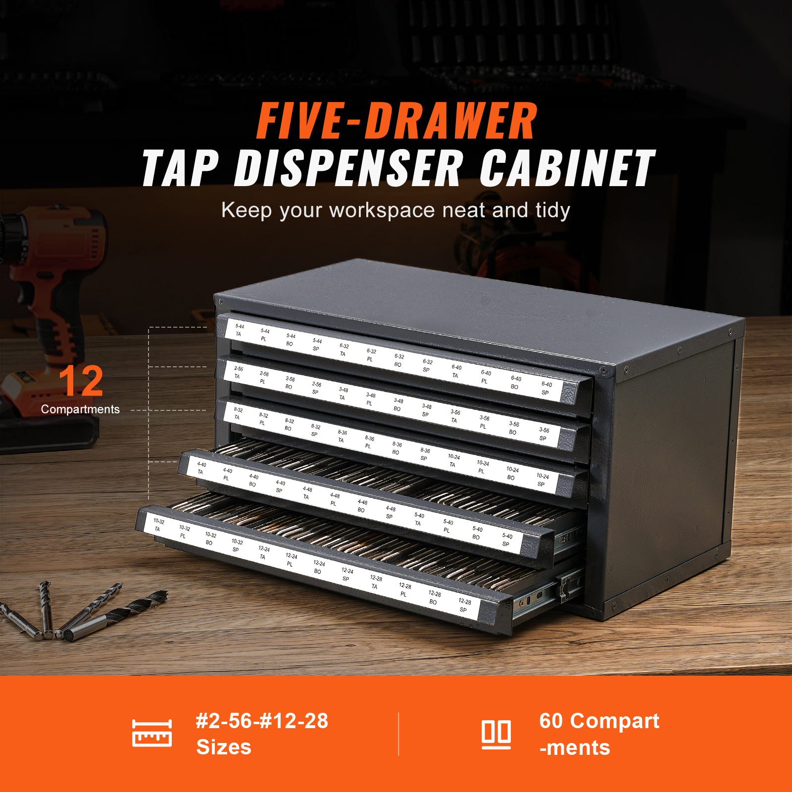 Industrial Steel Tap Dispenser Cabinet - 5-Drawer Stackable Tool Organizer with Labeled Compartments for #2-56 to #12-28 Taps