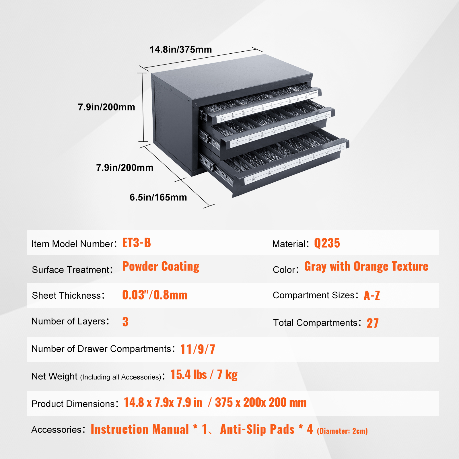 Industrial Steel Drill Bit Dispenser Cabinet - 3-Drawer A-Z Letter Size Tool Organizer with Ball-Bearing Slides & Labels