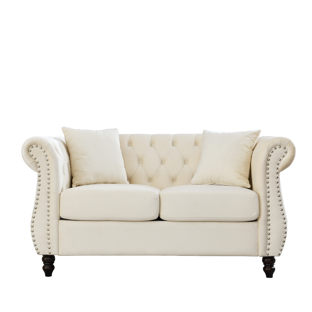 Elegant Beige Velvet Chesterfield Sofa Set with Nailhead Trim - Classic Tufted Living Room Furniture Collection