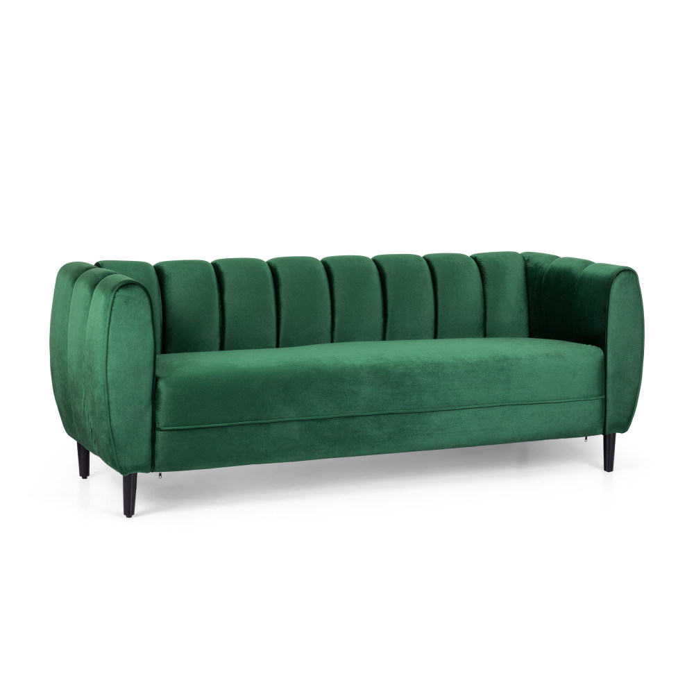 Miranda Emerald Velvet 3-Seater Sofa with Channel Stitching & Tapered Birch Wood Legs - Modern Glam Living Room Furniture