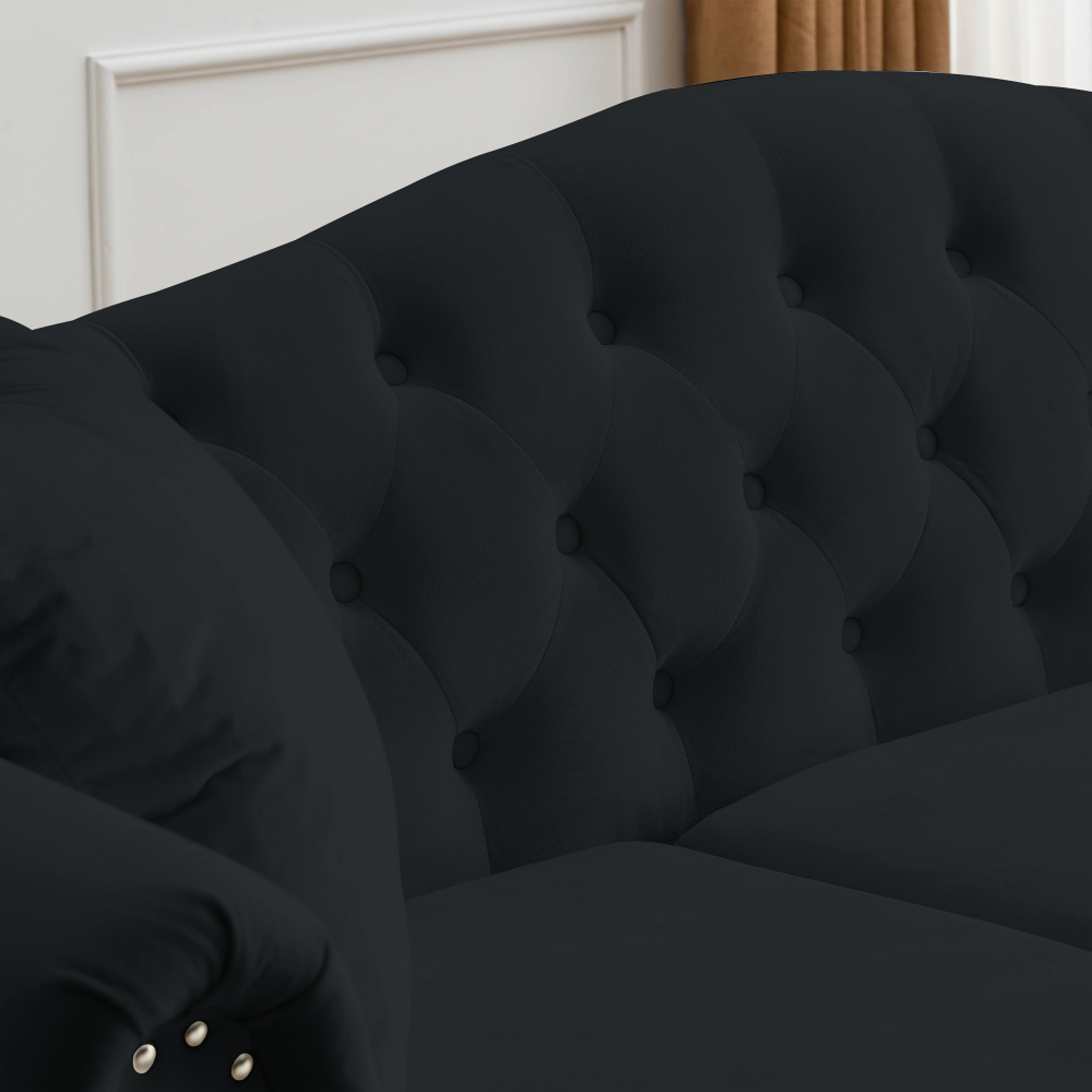 79" Black Velvet Chesterfield Sofa, Tufted 3-Seater Couch with Rolled Arms & Nailhead Trim for Living Room