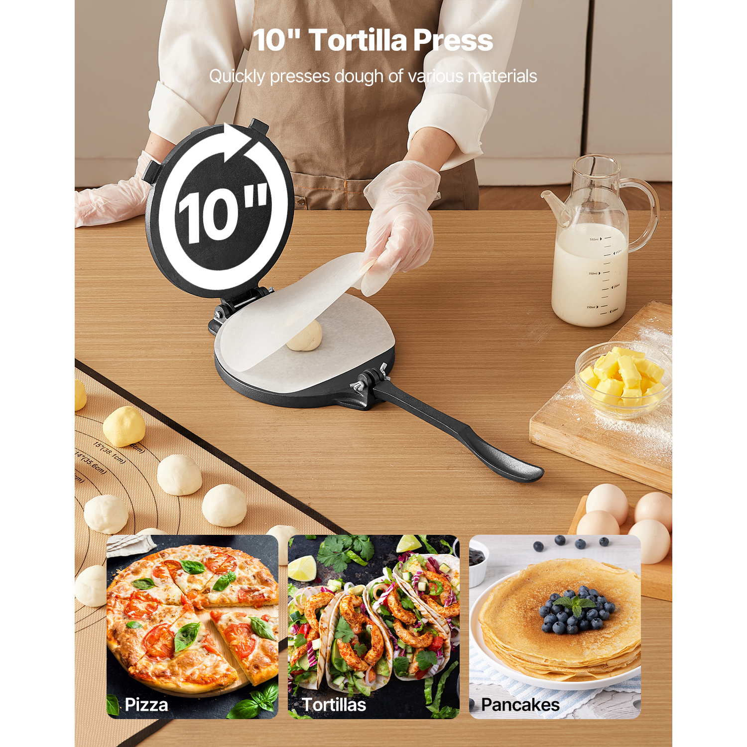 10-Inch Heavy Duty Cast Iron Tortilla Press & Flat Frying Pan Set - Non-Stick Roti Maker for Homemade Tacos, Chapati, and Flatbreads