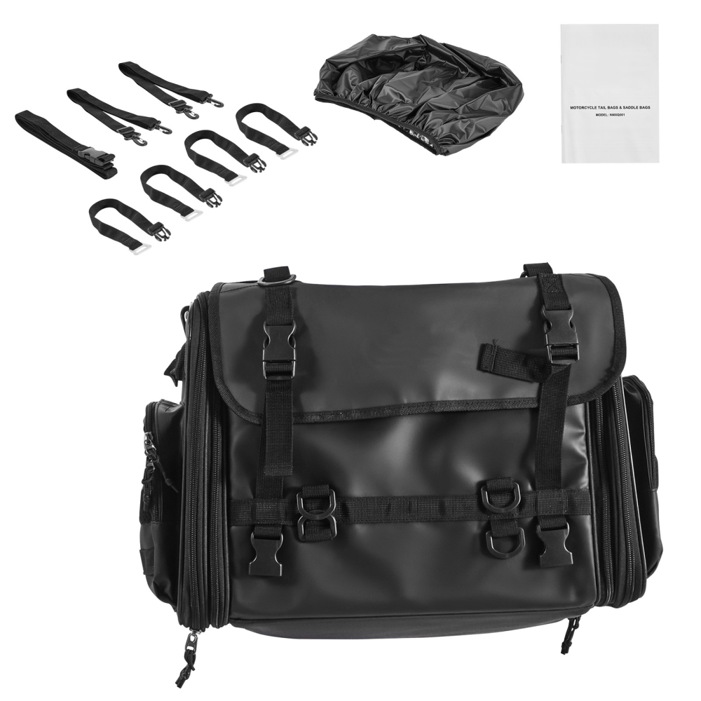 40-60L Expandable Motorcycle Tail Bag - Waterproof Rear Seat Luggage with Rain Cover & Shoulder Straps for Touring, Cruiser & Dirt Bikes