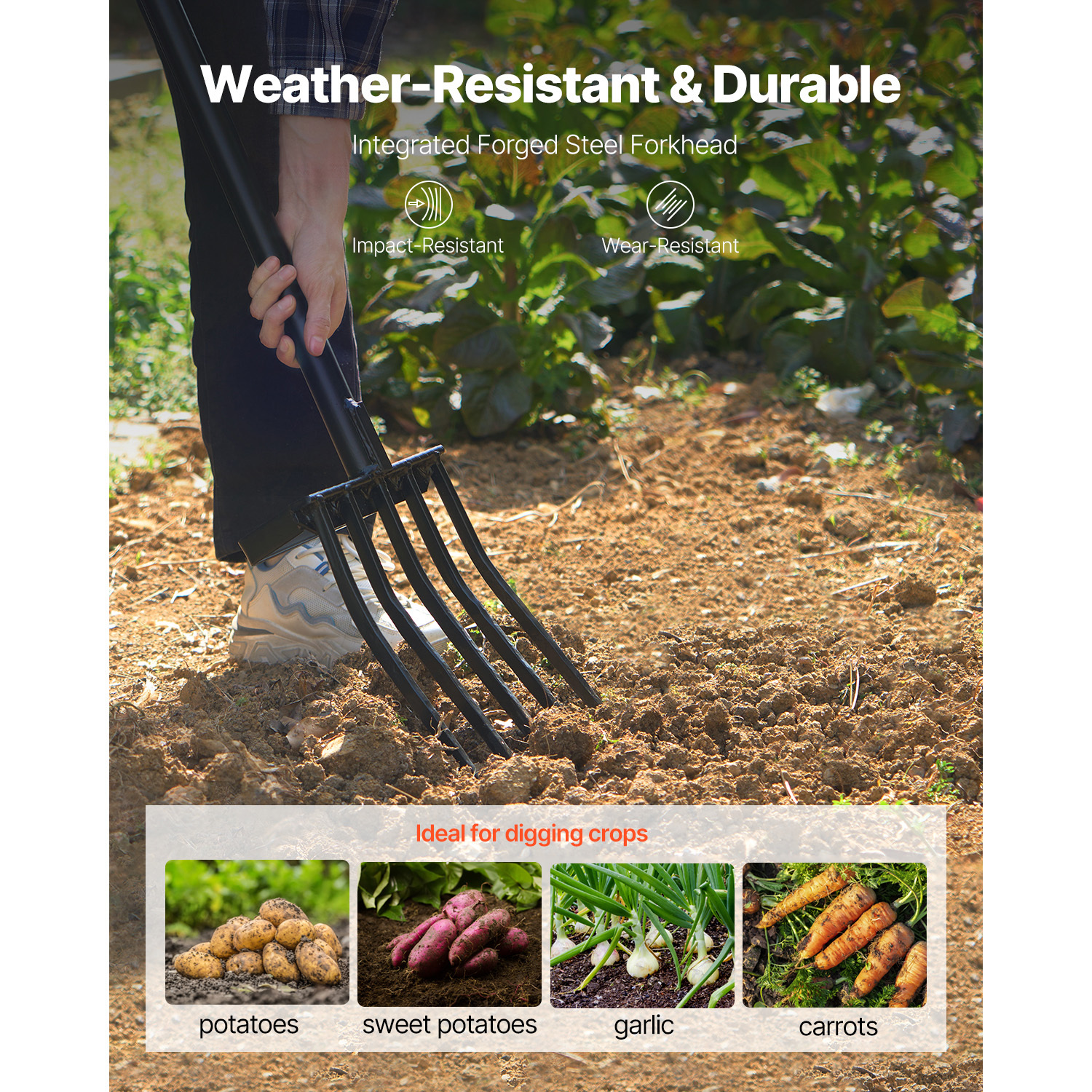 5 Tines Heavy Duty Garden Fork - 41 Inch Metal Handle Spading Pitchfork with Ergonomic Y Grip for Soil Aeration & Digging