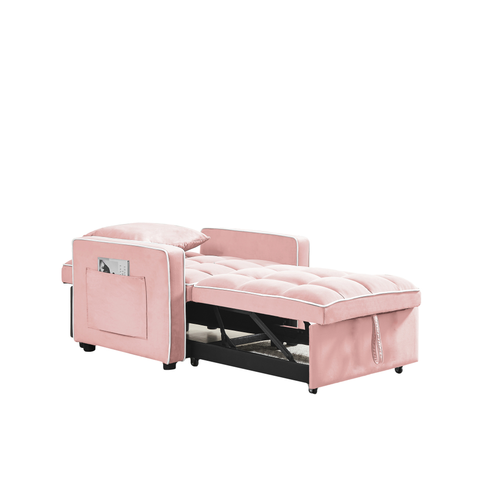 Pink Velvet Convertible Sleeper Chair with Adjustable Back & Storage Pocket - Modern Folding Sofa Bed for Small Spaces
