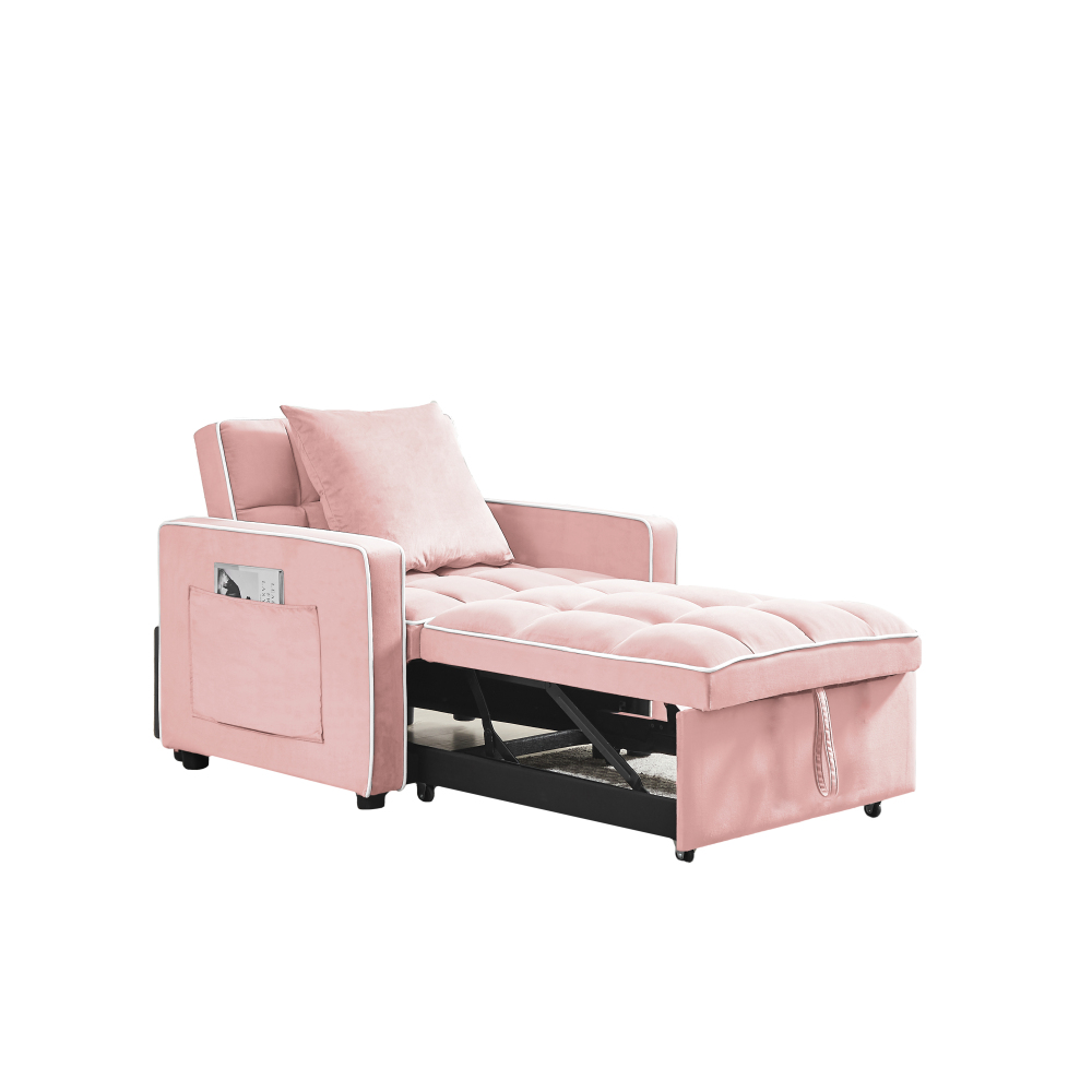 Pink Velvet Convertible Sleeper Chair with Adjustable Back & Storage Pocket - Modern Folding Sofa Bed for Small Spaces