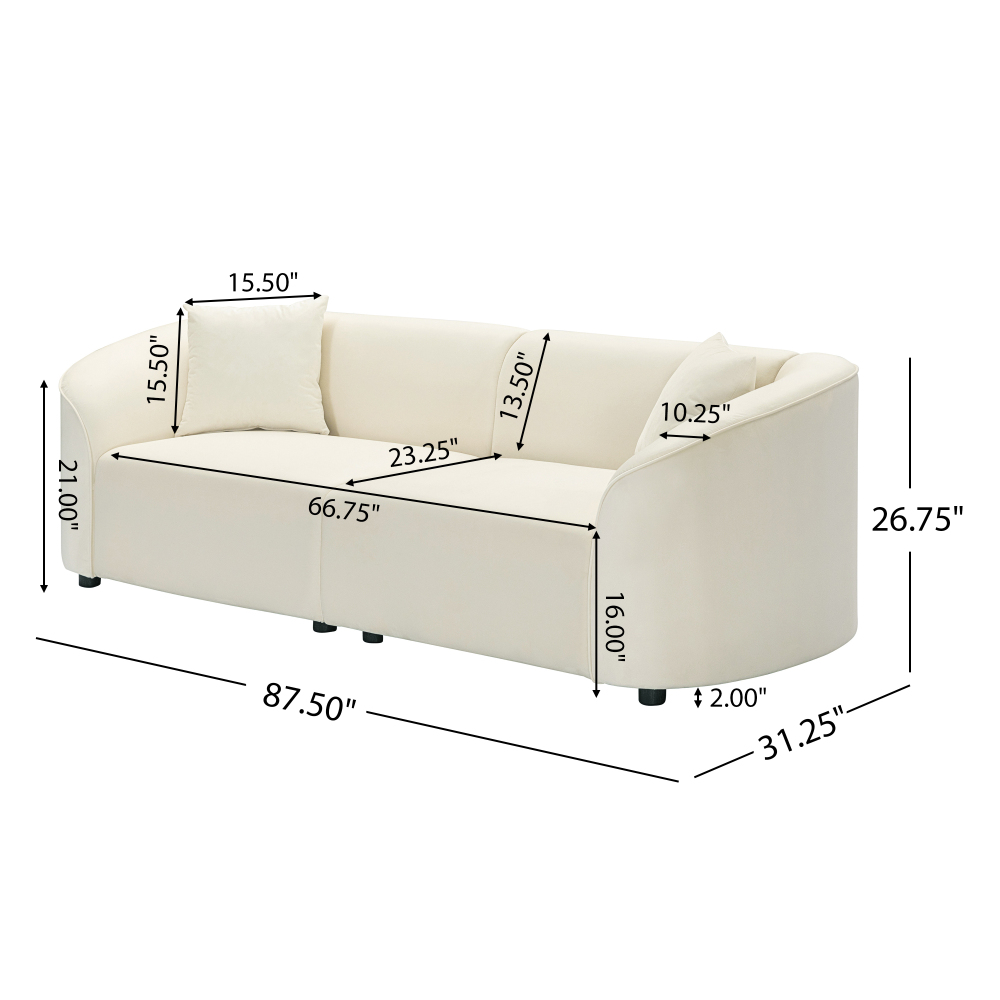 87" Curved Contemporary Sofa in Off-White Velvet: Plush 3-Seater Sectional for Modern Living Room Decor