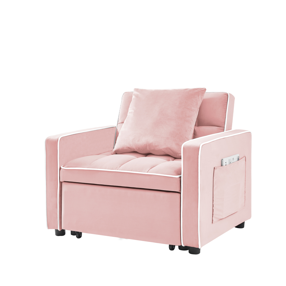 Pink Velvet Convertible Sleeper Chair with Adjustable Back & Storage Pocket - Modern Folding Sofa Bed for Small Spaces