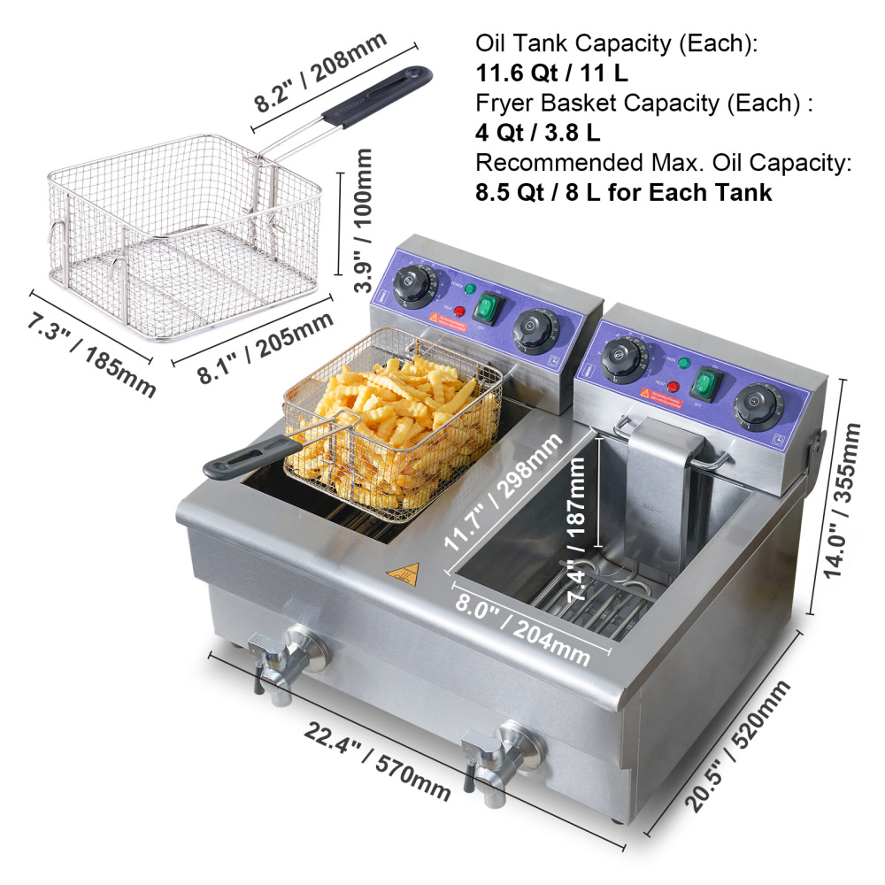 3000W Commercial Electric Deep Fryer with Dual Tanks, Stainless Steel Countertop French Fryer for Restaurant & Home Use