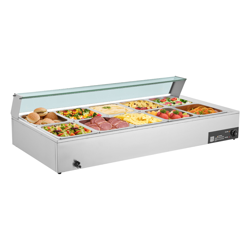 Commercial 10-Pan Electric Food Warmer, Stainless Steel Steam Table with Glass Shield & Adjustable Temperature for Buffet Catering