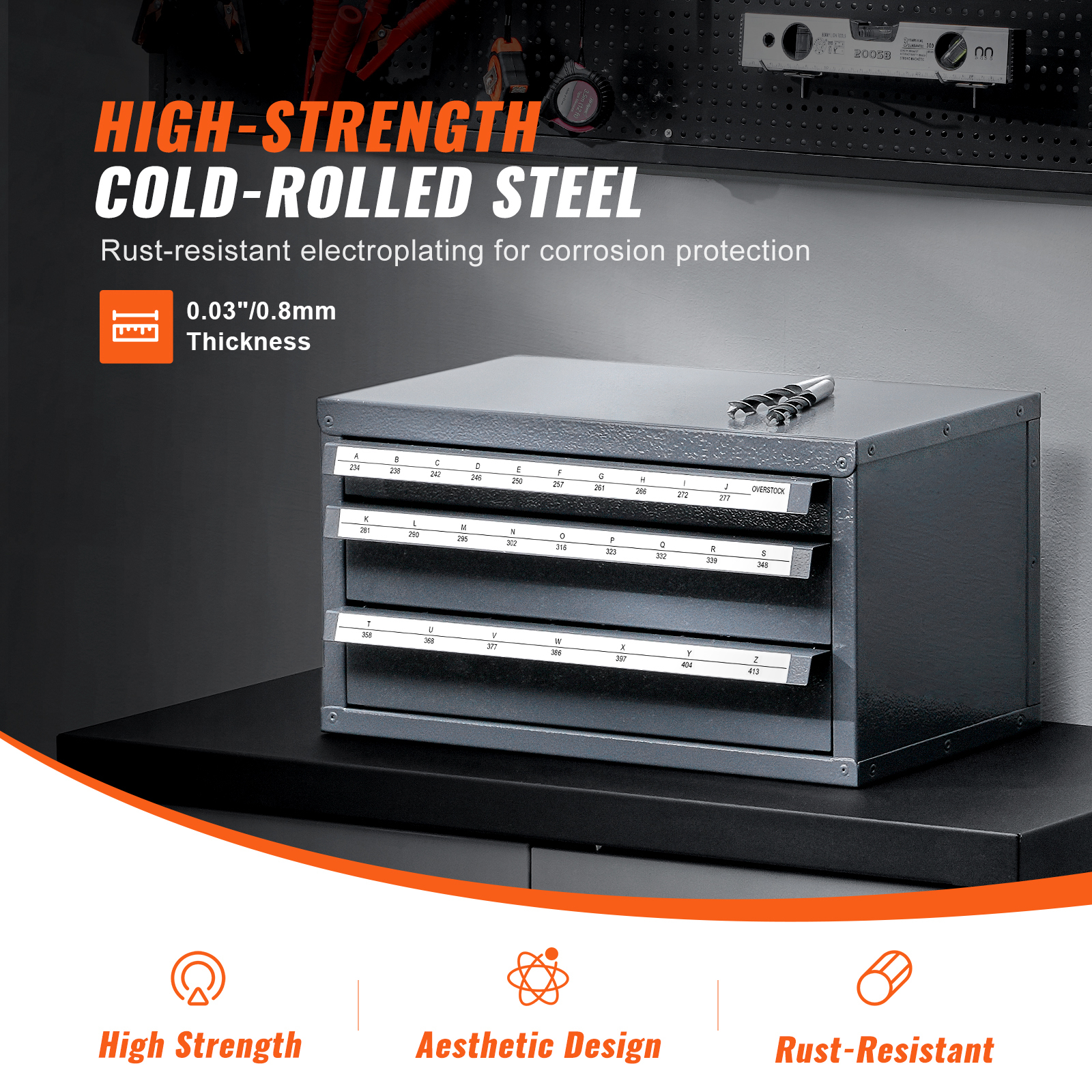Industrial Steel Drill Bit Dispenser Cabinet - 3-Drawer A-Z Letter Size Tool Organizer with Ball-Bearing Slides & Labels
