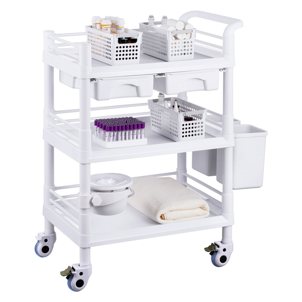 3-Tier Mobile Medical Cart with Drawers & Bins - Heavy Duty Lab Rolling Utility Trolley for Clinic, Salon & Office