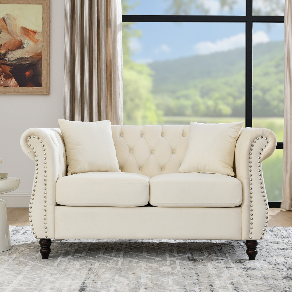 Elegant Beige Velvet Chesterfield Sofa Set with Nailhead Trim - Classic Tufted Living Room Furniture Collection