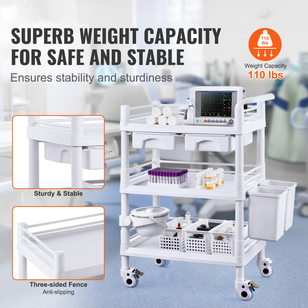 3-Tier Mobile Medical Cart with Drawers & Bins - Heavy Duty Lab Rolling Utility Trolley for Clinic, Salon & Office