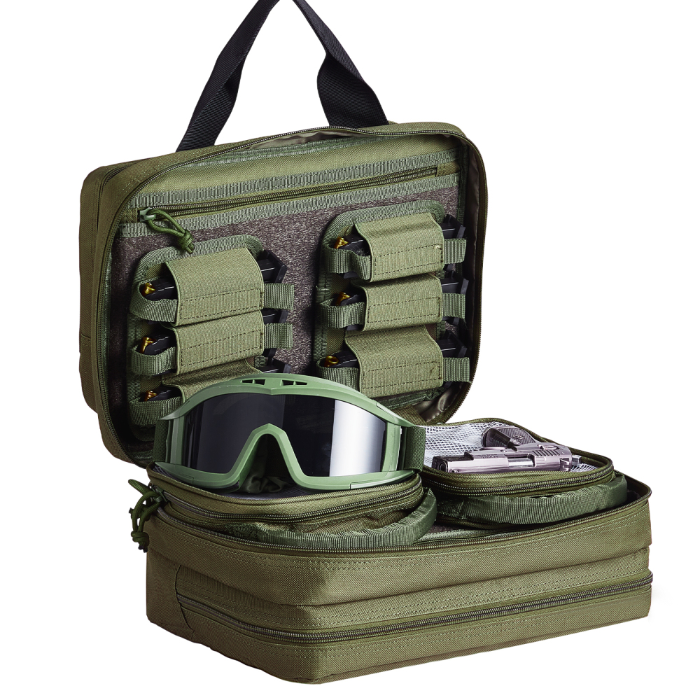 Tactical Range Bag for 2 Pistols - Heavy Duty Gun Case with Removable Mag Pouches, Lockable Zippers & Shoulder Strap for Outdoor Hunting and Shooting