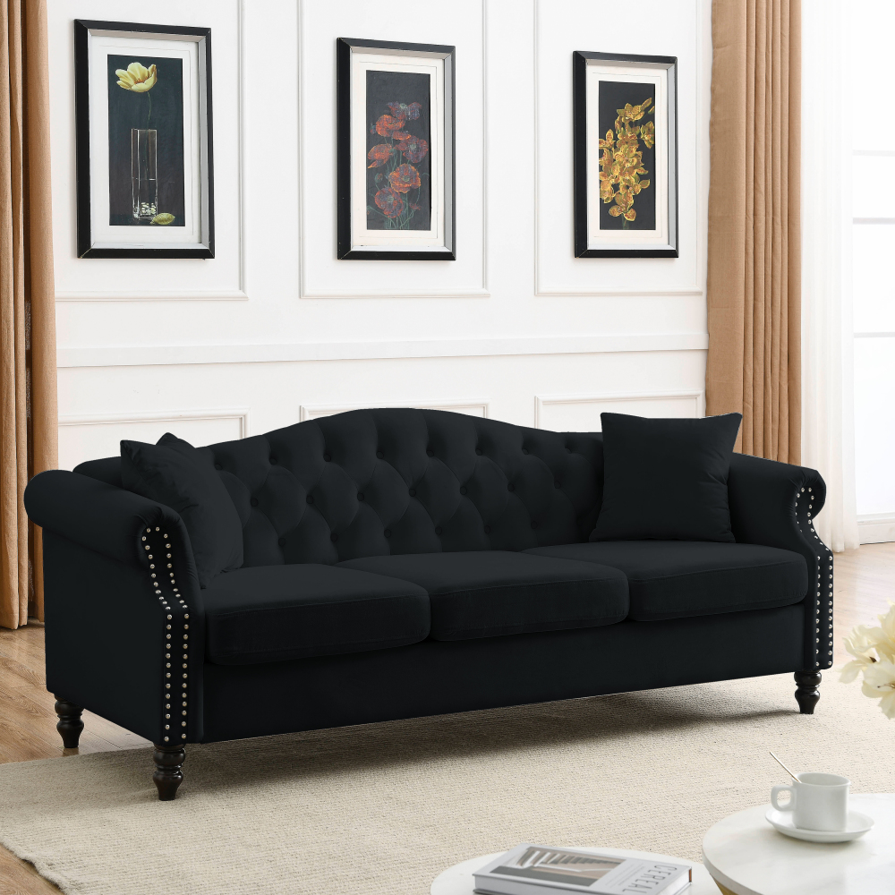 79" Black Velvet Chesterfield Sofa, Tufted 3-Seater Couch with Rolled Arms & Nailhead Trim for Living Room