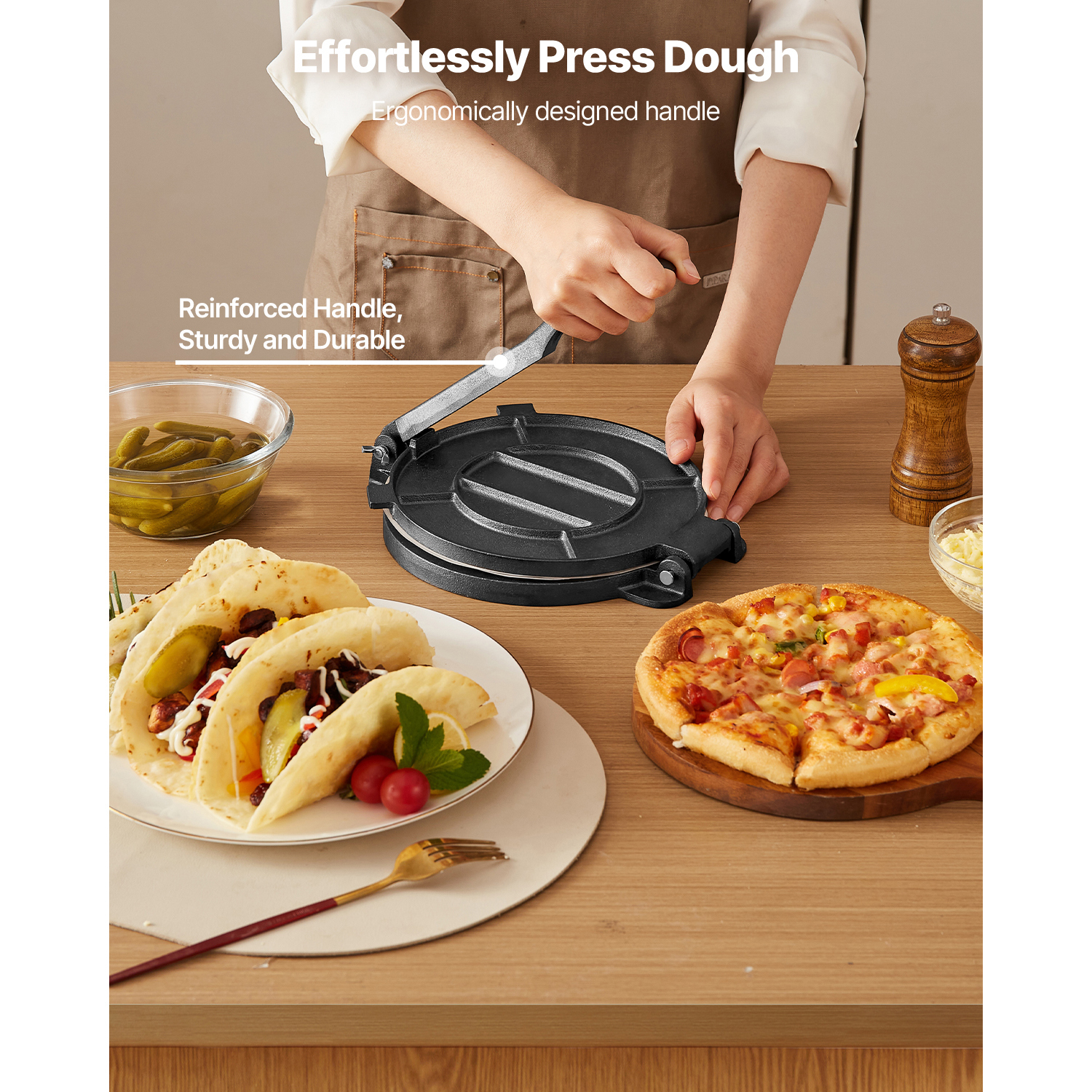 10-Inch Heavy Duty Cast Iron Tortilla Press & Flat Frying Pan Set - Non-Stick Roti Maker for Homemade Tacos, Chapati, and Flatbreads