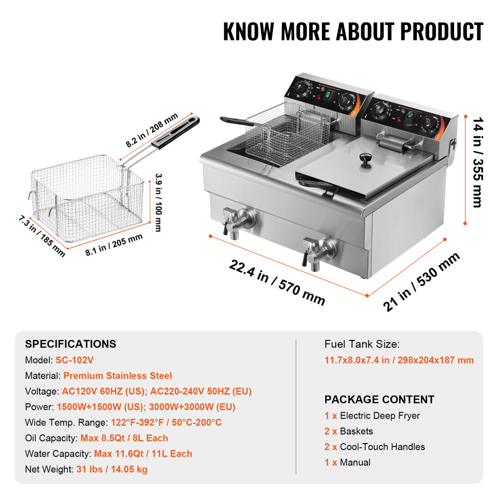 3000W Commercial Electric Deep Fryer with Dual Tanks, Stainless Steel Countertop French Fryer for Restaurant & Home Use