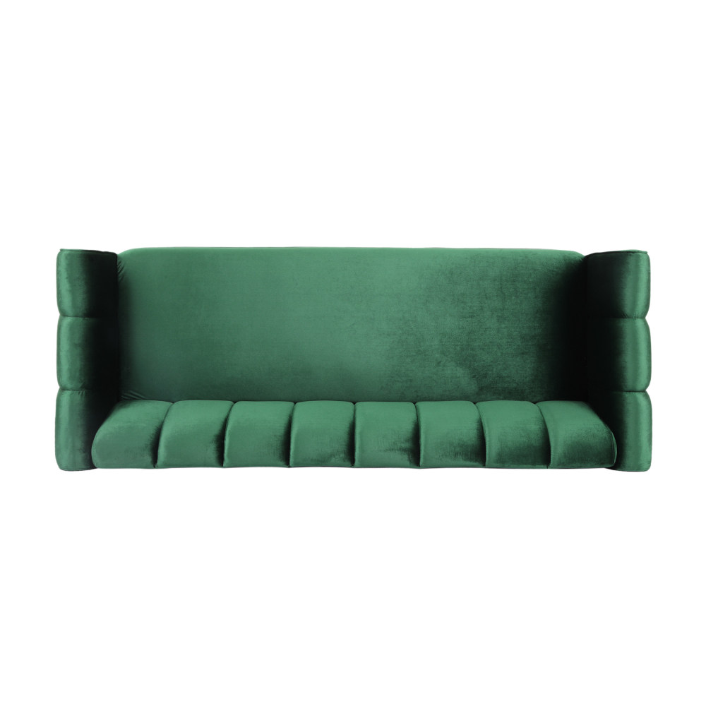Miranda Emerald Velvet 3-Seater Sofa with Channel Stitching & Tapered Birch Wood Legs - Modern Glam Living Room Furniture