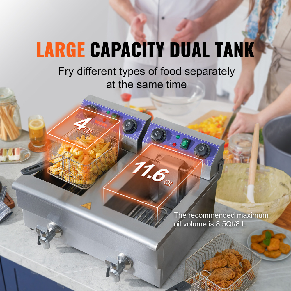 3000W Commercial Electric Deep Fryer with Dual Tanks, Stainless Steel Countertop French Fryer for Restaurant & Home Use