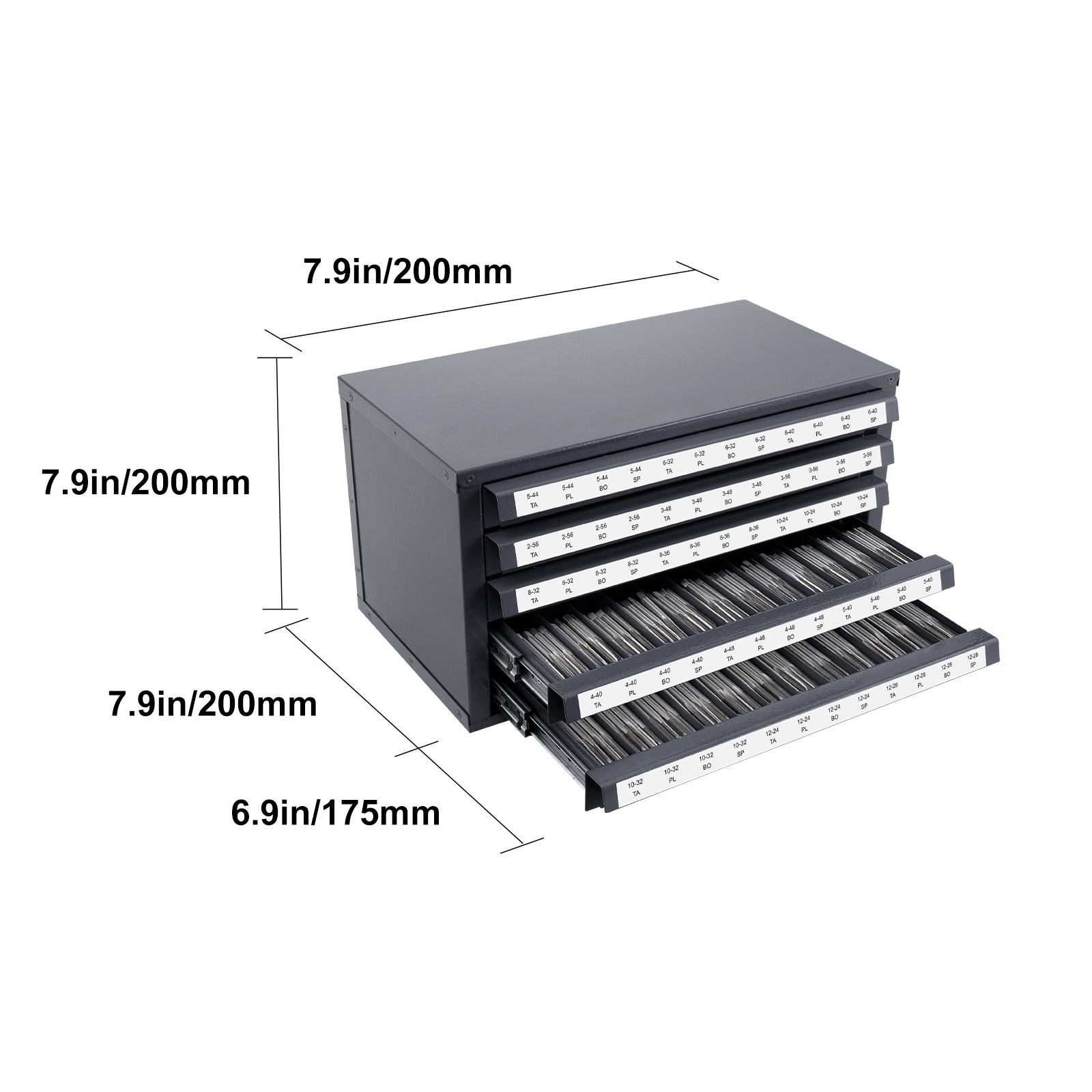 Industrial Steel Tap Dispenser Cabinet - 5-Drawer Stackable Tool Organizer with Labeled Compartments for #2-56 to #12-28 Taps