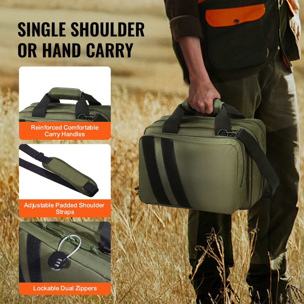Tactical Range Bag for 2 Pistols - Heavy Duty Gun Case with Removable Mag Pouches, Lockable Zippers & Shoulder Strap for Outdoor Hunting and Shooting