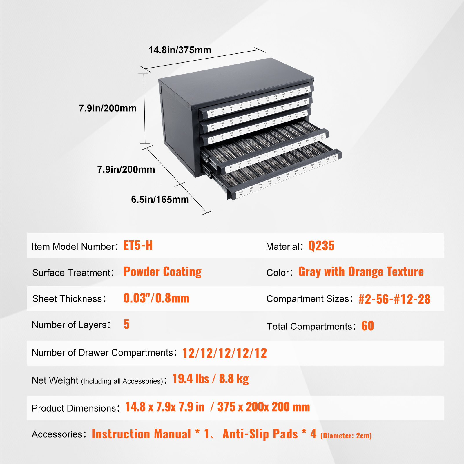 Industrial Steel Tap Dispenser Cabinet - 5-Drawer Stackable Tool Organizer with Labeled Compartments for #2-56 to #12-28 Taps