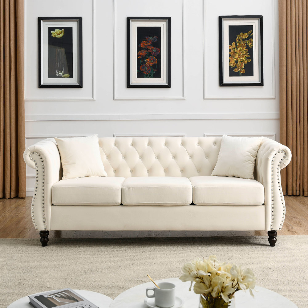 Elegant Beige Velvet Chesterfield Sofa Set with Nailhead Trim - Classic Tufted Living Room Furniture Collection