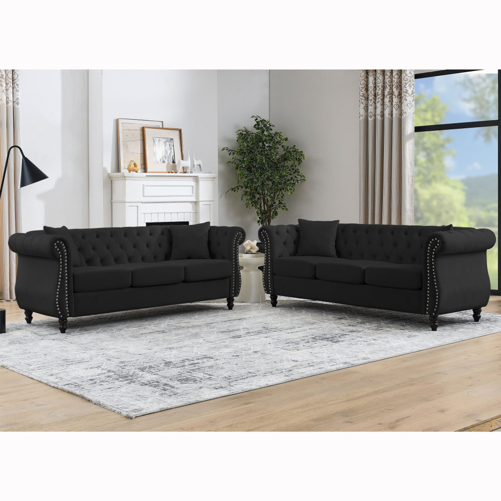 80" Black Velvet Chesterfield Sofa Set - Tufted Rolled Arm Couch with Nailhead Trim for Living Room & Office