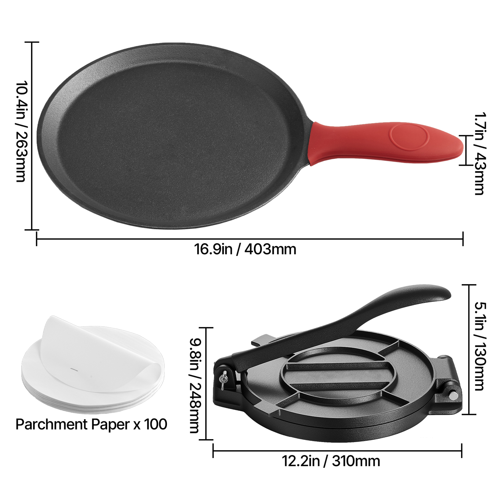 10-Inch Heavy Duty Cast Iron Tortilla Press & Flat Frying Pan Set - Non-Stick Roti Maker for Homemade Tacos, Chapati, and Flatbreads