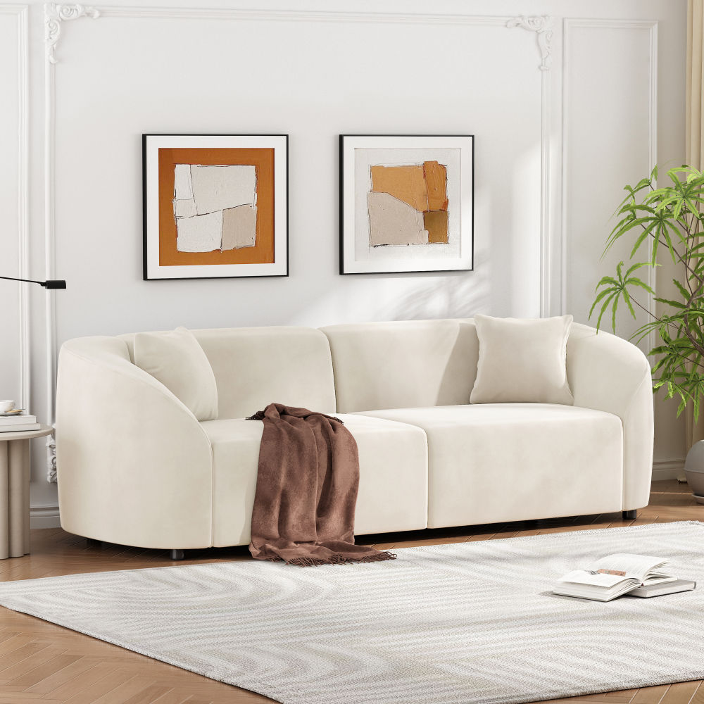87" Curved Contemporary Sofa in Off-White Velvet: Plush 3-Seater Sectional for Modern Living Room Decor