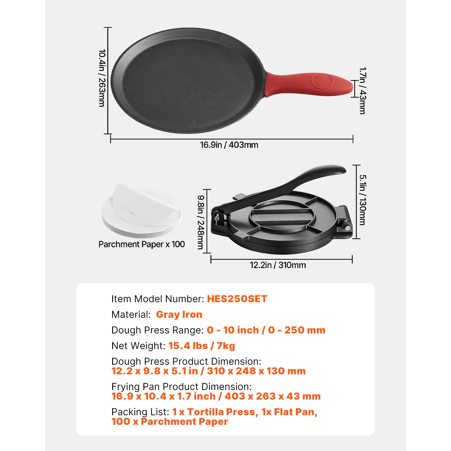 10-Inch Heavy Duty Cast Iron Tortilla Press & Flat Frying Pan Set - Non-Stick Roti Maker for Homemade Tacos, Chapati, and Flatbreads
