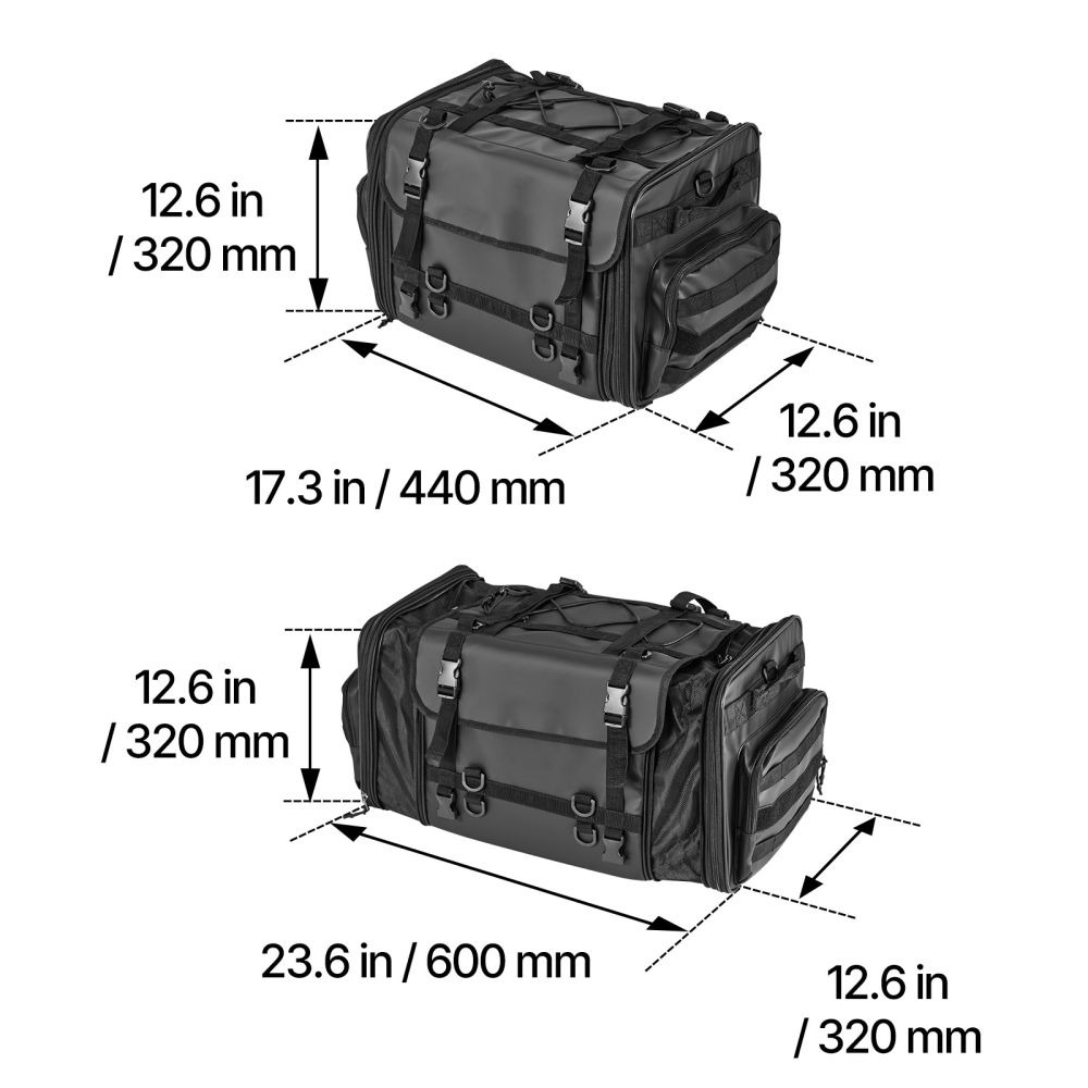 40-60L Expandable Motorcycle Tail Bag - Waterproof Rear Seat Luggage with Rain Cover & Shoulder Straps for Touring, Cruiser & Dirt Bikes