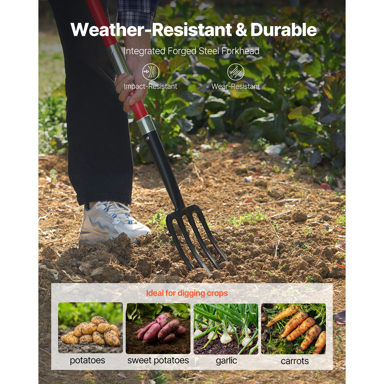 Heavy Duty Garden Fork with Fiberglass Handle - 4 Tine Digging Pitchfork for Compost, Soil Aeration & Yard Work
