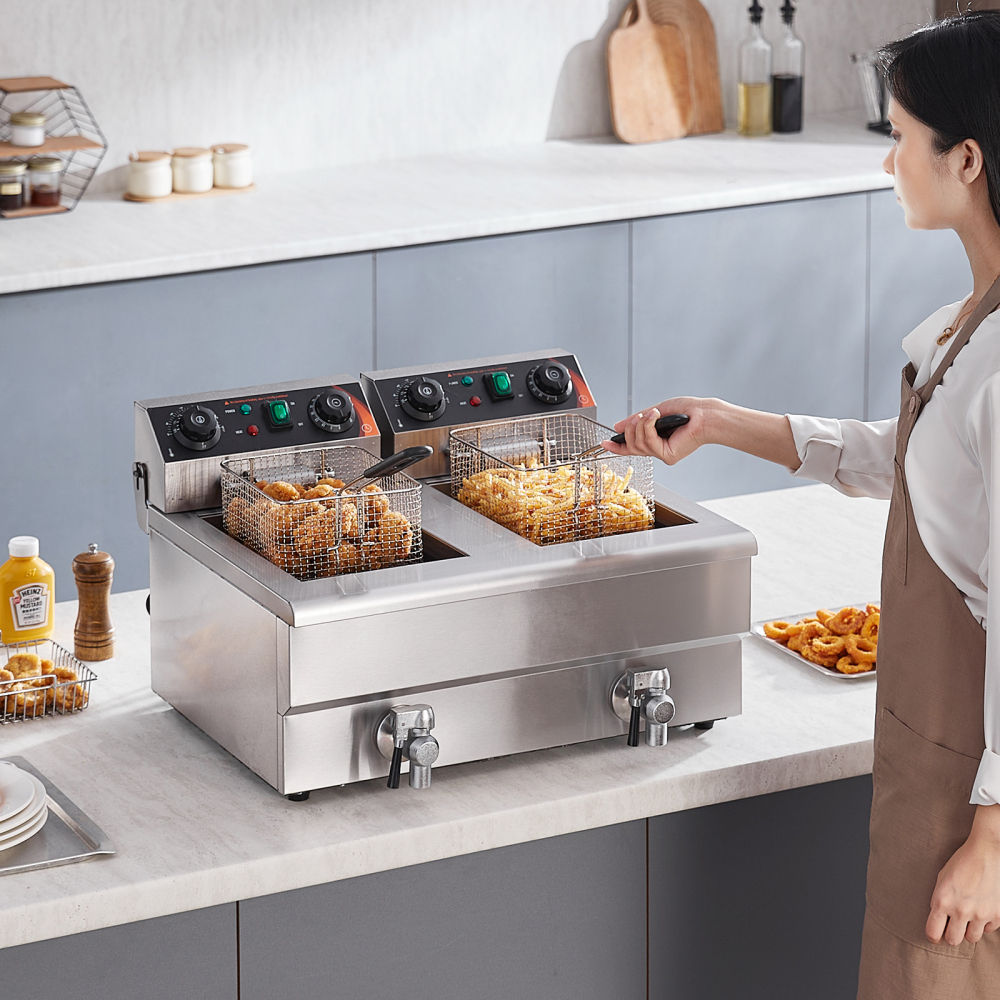 3000W Commercial Electric Deep Fryer with Dual Tanks, Stainless Steel Countertop French Fryer for Restaurant & Home Use
