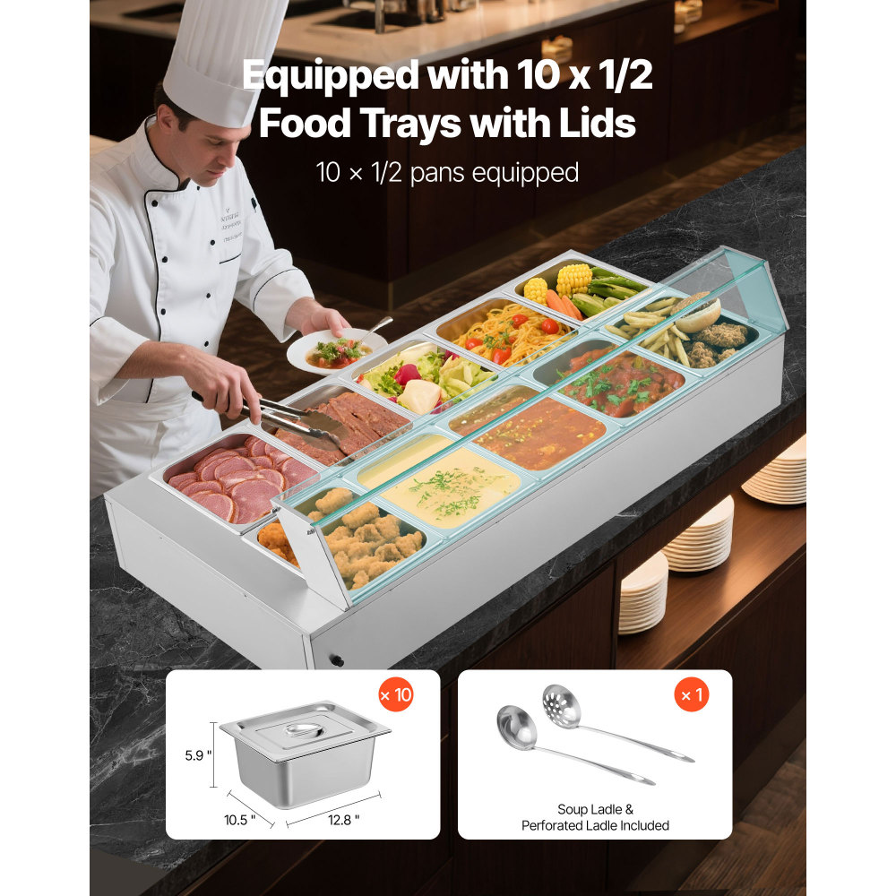 Commercial 10-Pan Electric Food Warmer, Stainless Steel Steam Table with Glass Shield & Adjustable Temperature for Buffet Catering