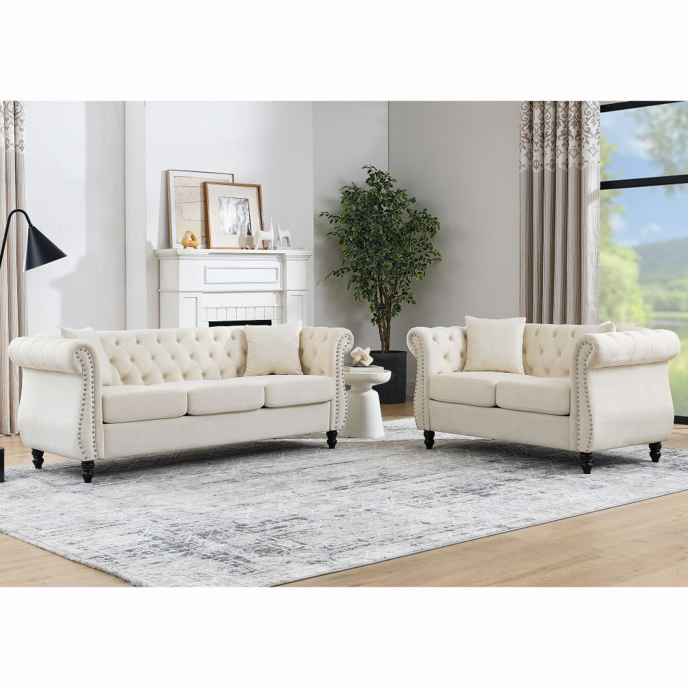 Elegant Beige Velvet Chesterfield Sofa Set with Nailhead Trim - Classic Tufted Living Room Furniture Collection