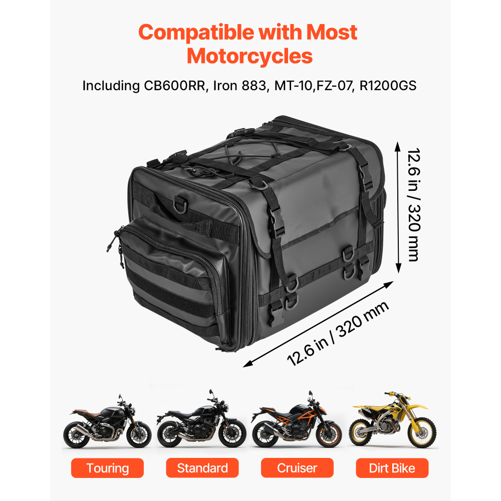 40-60L Expandable Motorcycle Tail Bag - Waterproof Rear Seat Luggage with Rain Cover & Shoulder Straps for Touring, Cruiser & Dirt Bikes
