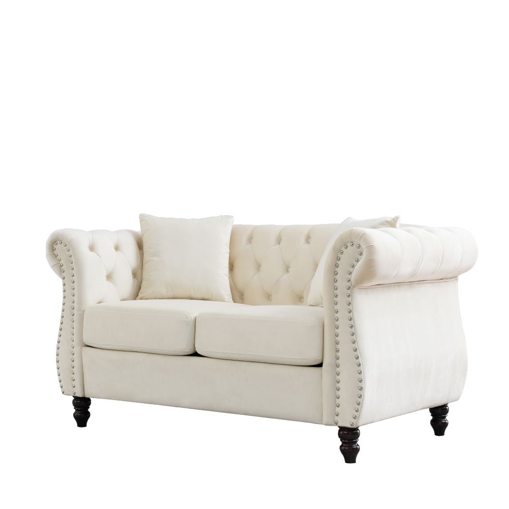 Elegant Beige Velvet Chesterfield Sofa Set with Nailhead Trim - Classic Tufted Living Room Furniture Collection