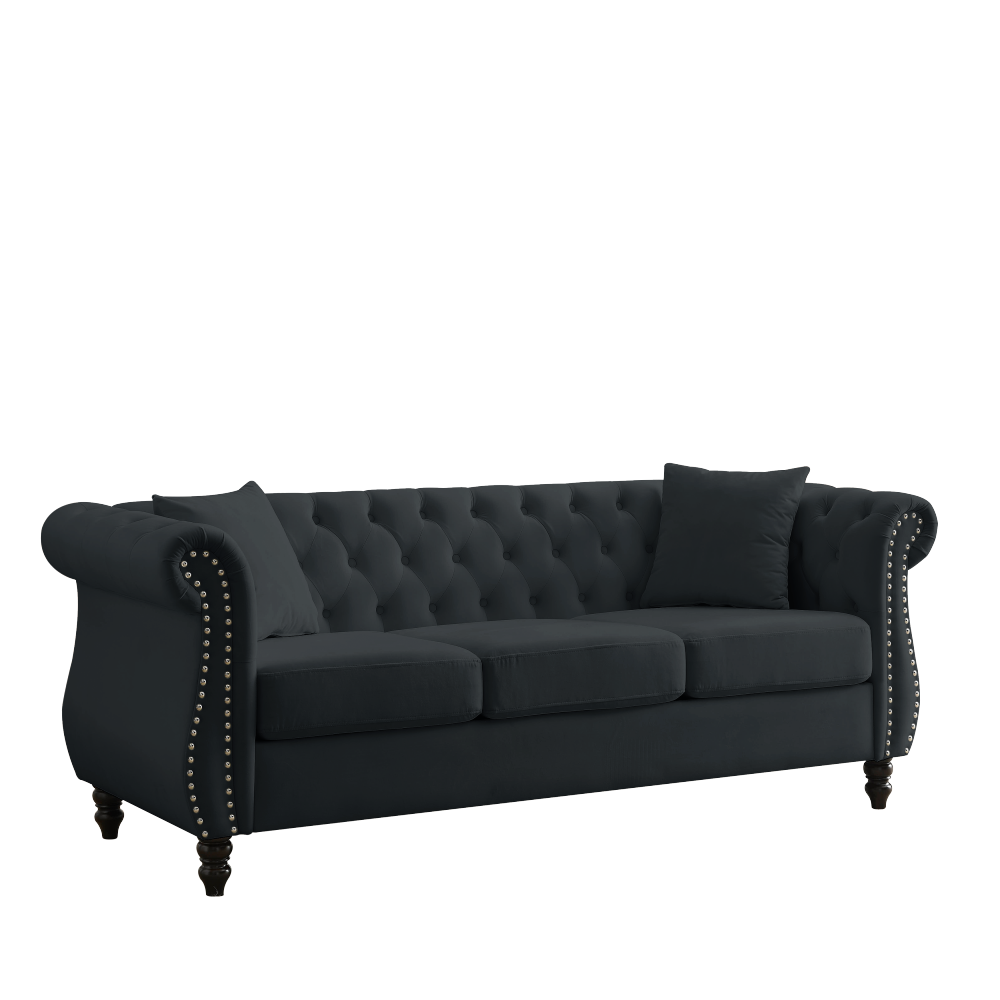 80" Black Velvet Chesterfield Sofa Set with Rolled Arms & Nailhead Trim - Elegant 3-Seater Tufted Couch for Living Room, Office or Apartment Decor