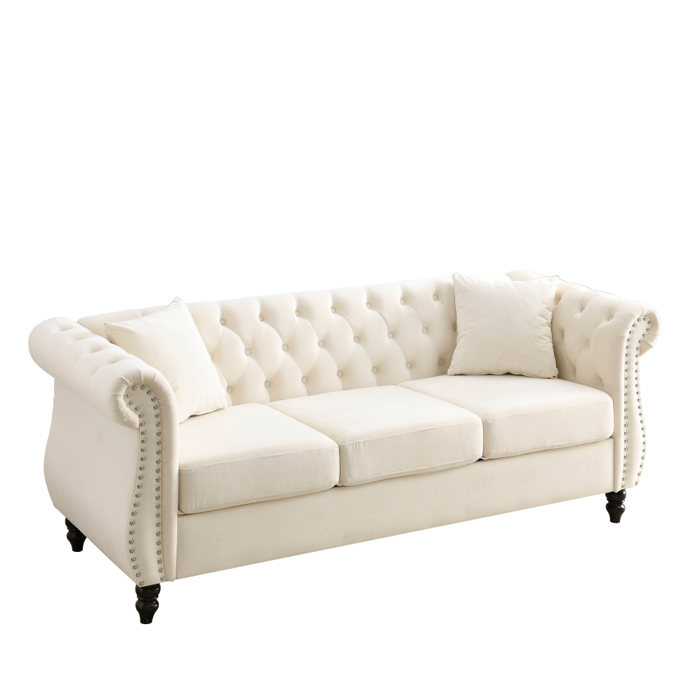 Elegant Beige Velvet Chesterfield Sofa Set with Nailhead Trim - Classic Tufted Living Room Furniture Collection