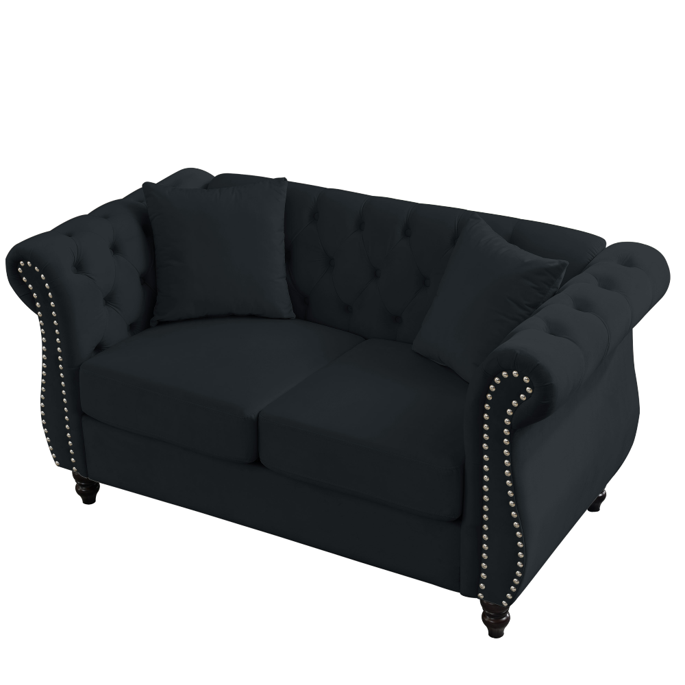 80" Black Velvet Chesterfield Sofa Set with Rolled Arms & Nailhead Trim - Elegant 3-Seater Tufted Couch for Living Room, Office or Apartment Decor