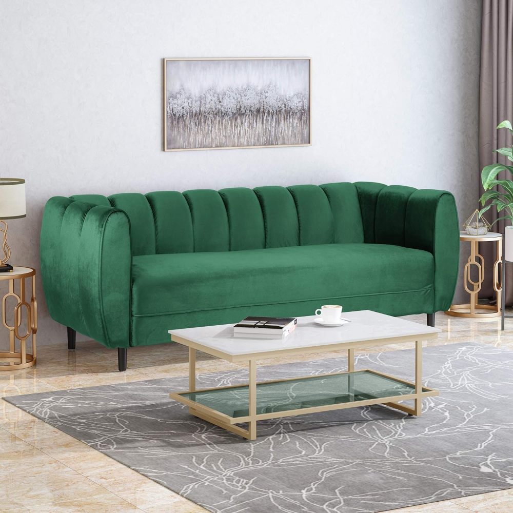 Miranda Emerald Velvet 3-Seater Sofa with Channel Stitching & Tapered Birch Wood Legs - Modern Glam Living Room Furniture