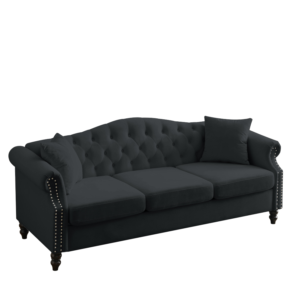 79" Black Velvet Chesterfield Sofa - 3 Seater Tufted Couch with Rolled Arms & Nailhead Trim for Living Room