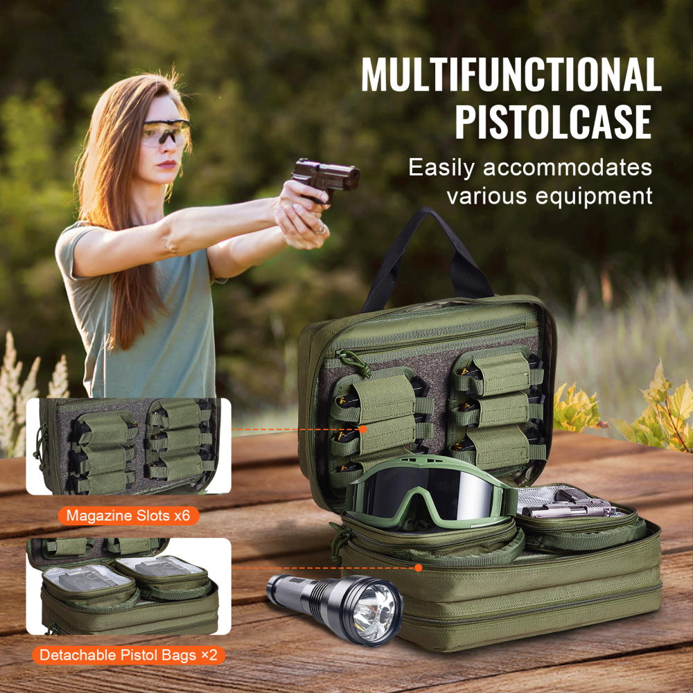 Tactical Range Bag for 2 Pistols - Heavy Duty Gun Case with Removable Mag Pouches, Lockable Zippers & Shoulder Strap for Outdoor Hunting and Shooting
